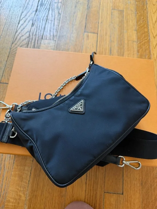 Prada Black Nylon Crescent Shoulder Bag with Chain and Strap - Picture 7 of 7